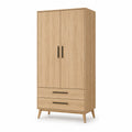 Szafa garderobiana 80 x 50 x 180 cm MDF dąb naturalny z dwoma drzwiami i dwiema szufladami czarne uchwyty