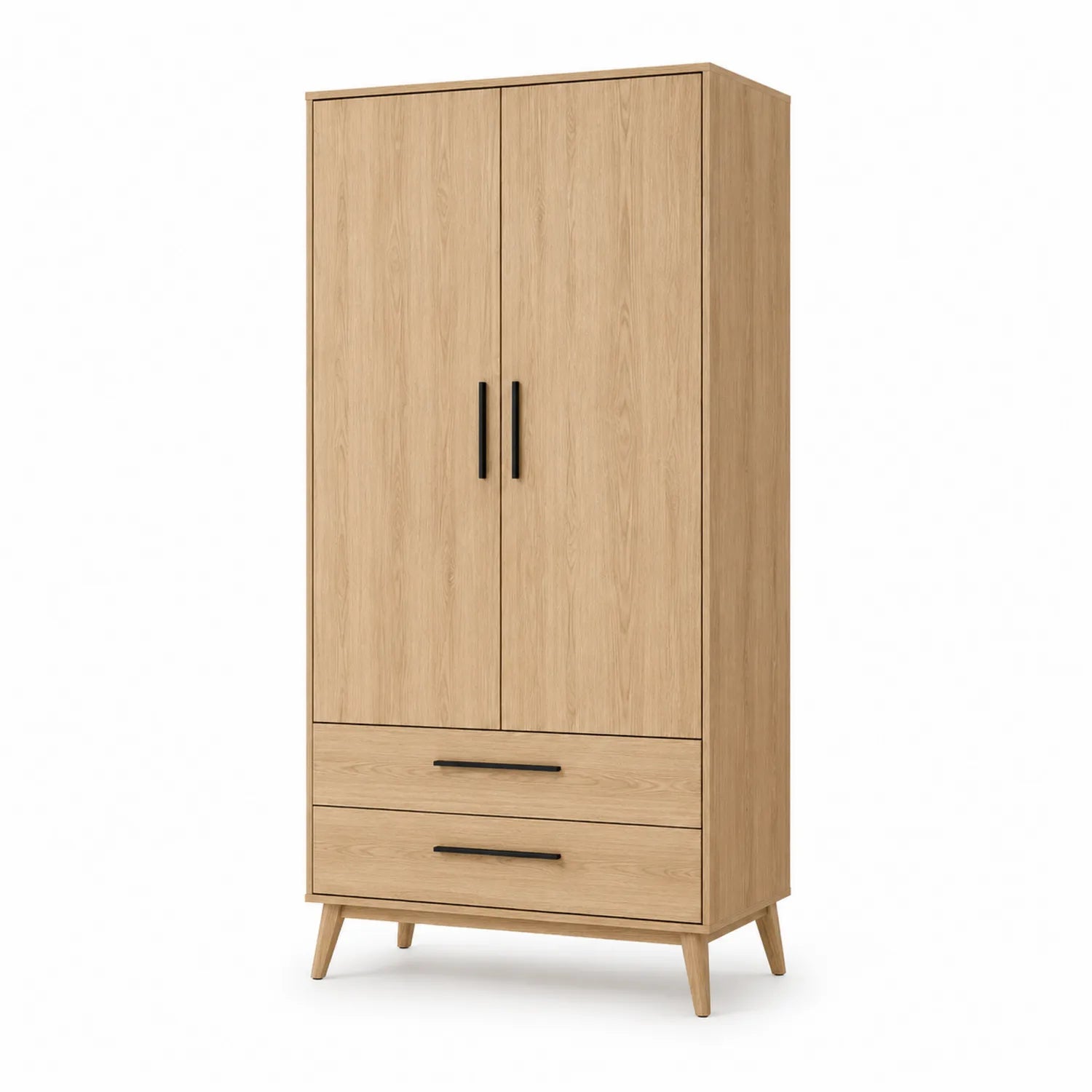 Szafa garderobiana 80 x 50 x 180 cm MDF dąb naturalny z dwoma drzwiami i dwiema szufladami czarne uchwyty