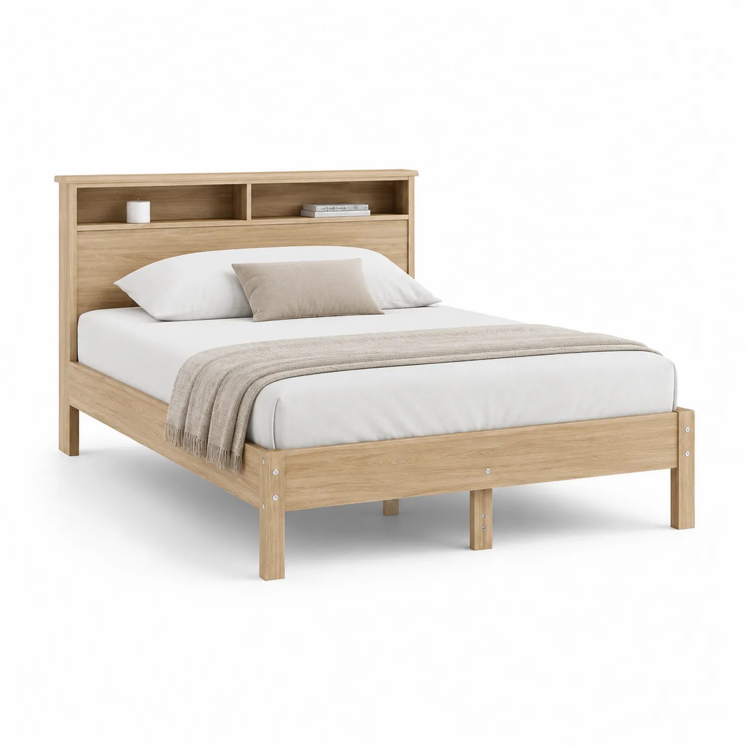 Łóżko do sypialni rama łóżka 160 cm x 200 cm płyta MDF w dekorze dębowym zagłówek z półkami stelaż listwowy naturalny dąb