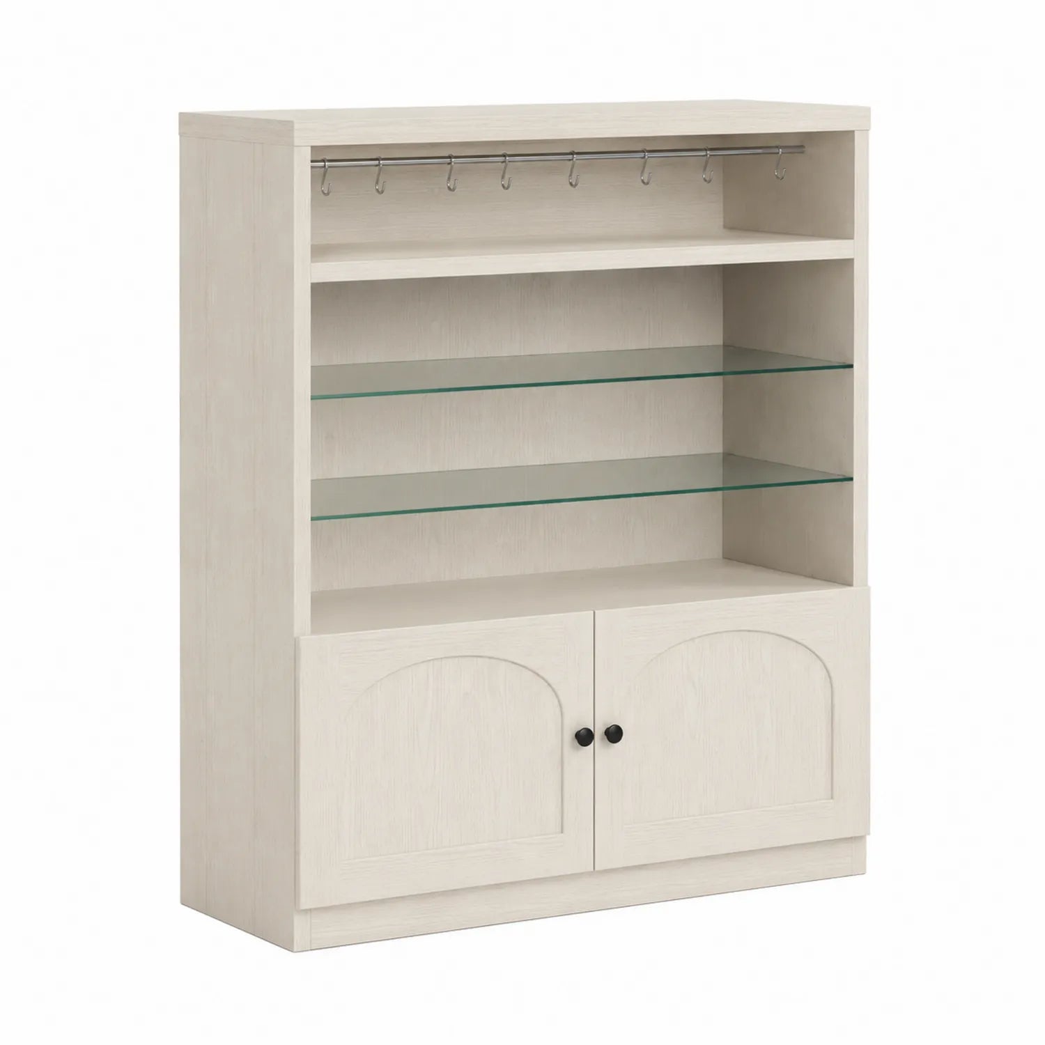 Kredens do jadalni 120 cm x 40 cm x 180 cm MDF biały jasny dąb szkło hartowane półki szklane drążek z haczykami