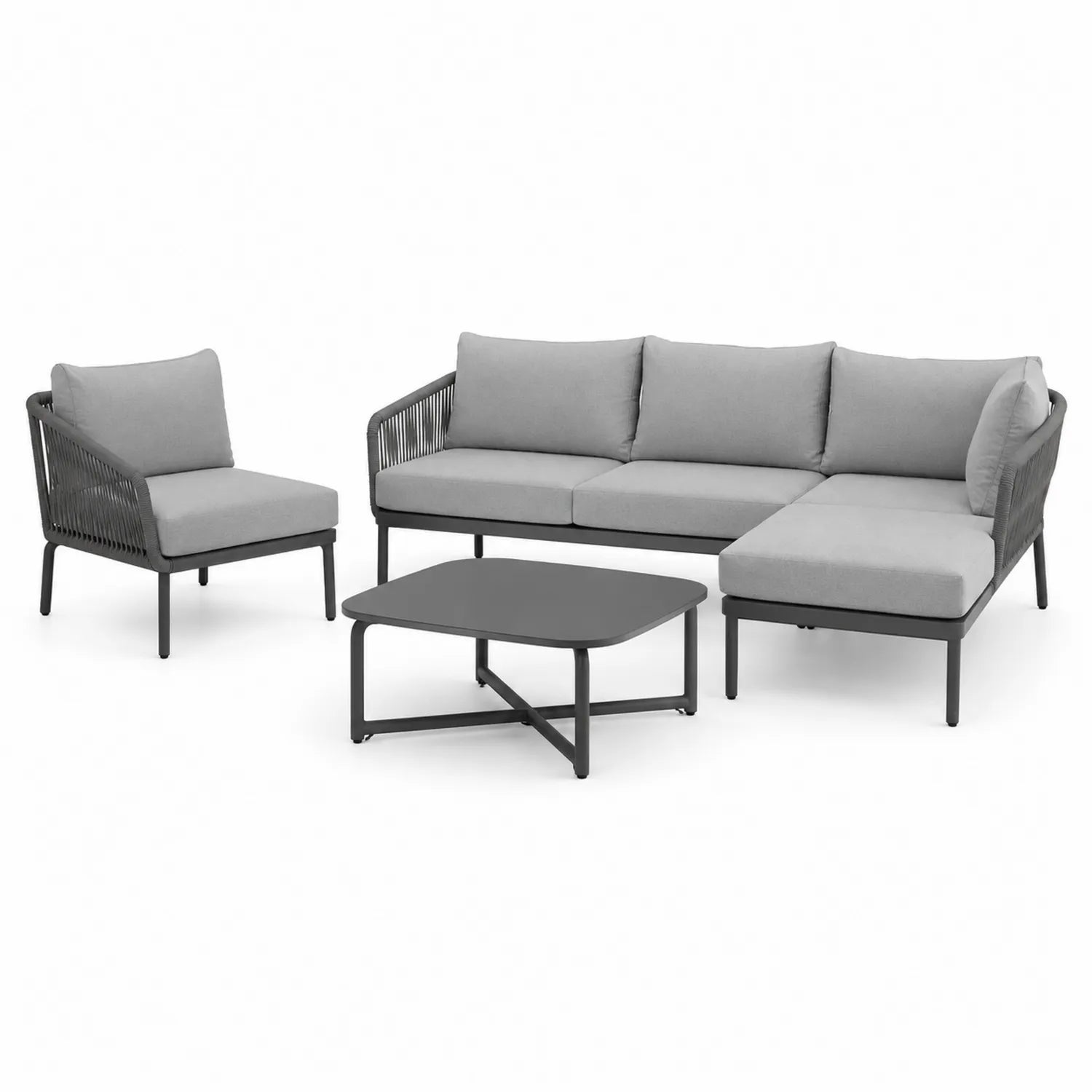 Zestaw mebli ogrodowych sofa narożna z leżanką fotel i stolik aluminiowa rama plecionka linowa ciemnoszary szary czarny 220 cm 75 cm 80 cm 80 cm 35 cm