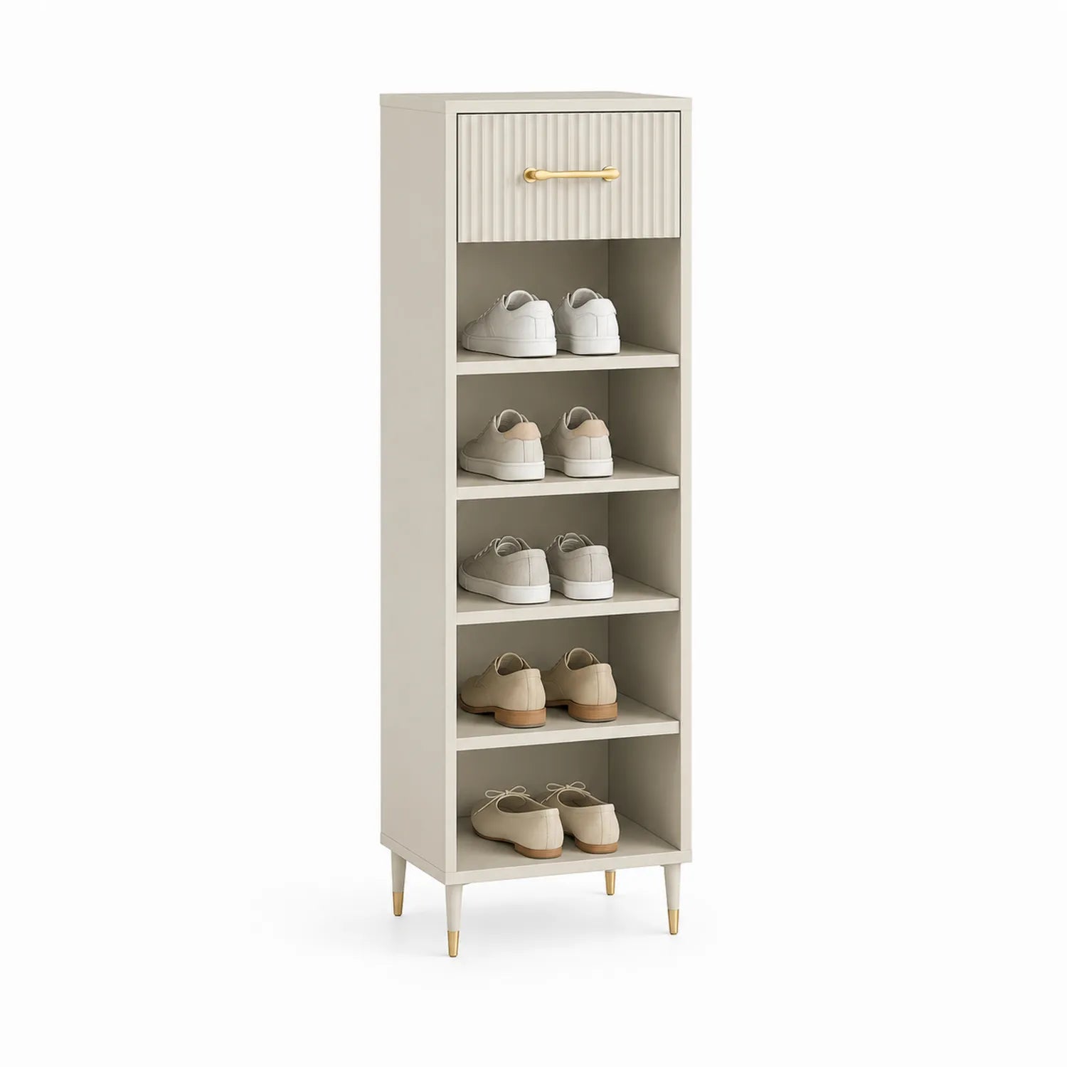 Szafka na buty prostokątna 60 x 30 x 180 cm z płyty MDF beżowa z szufladą i pięcioma półkami