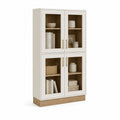 Kredens do jadalni przeszklony 80 cm x 35 cm x 180 cm MDF laminowany szkło hartowane biały beżowy dąb naturalny złote uchwyty