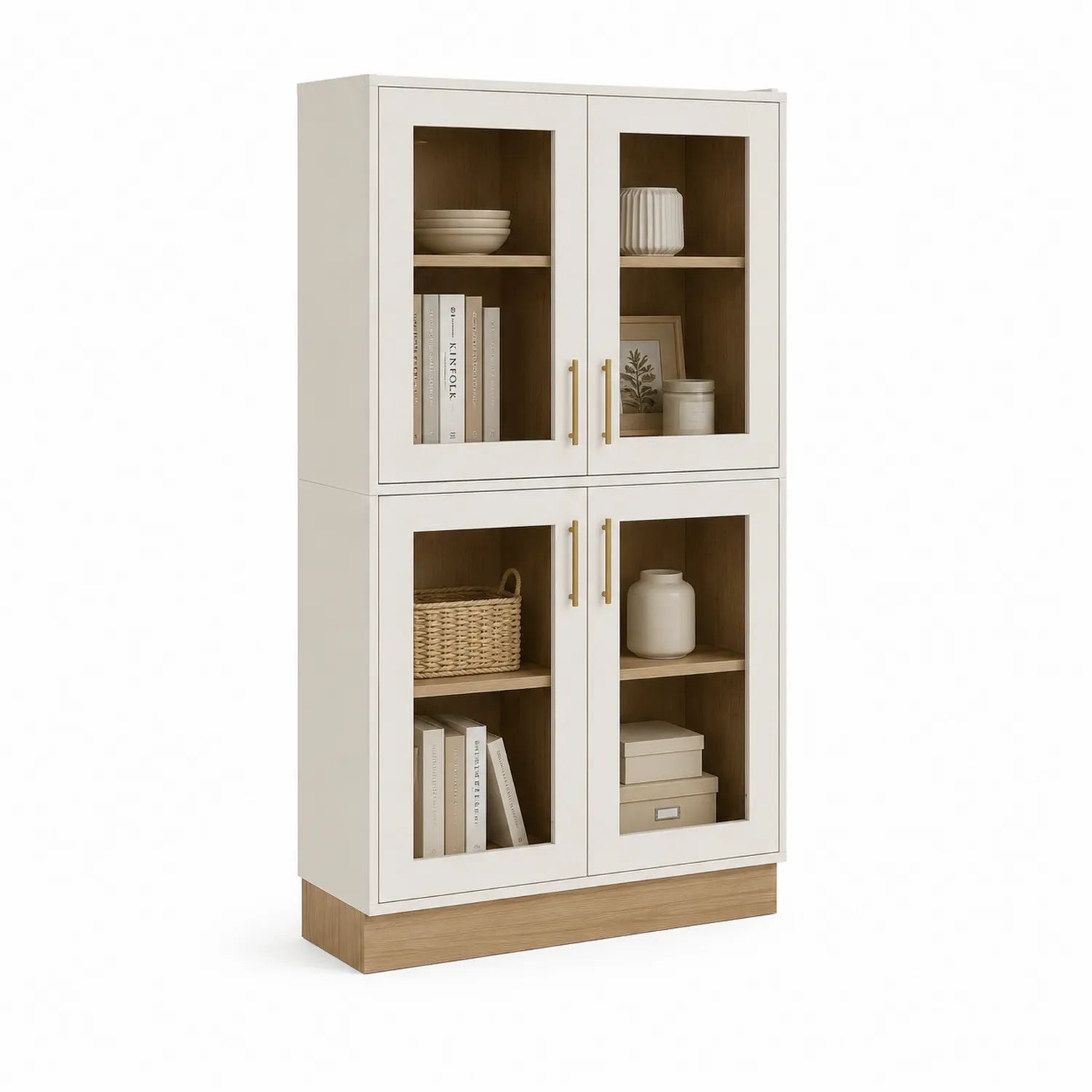 Kredens do jadalni przeszklony 80 cm x 35 cm x 180 cm MDF laminowany szkło hartowane biały beżowy dąb naturalny złote uchwyty