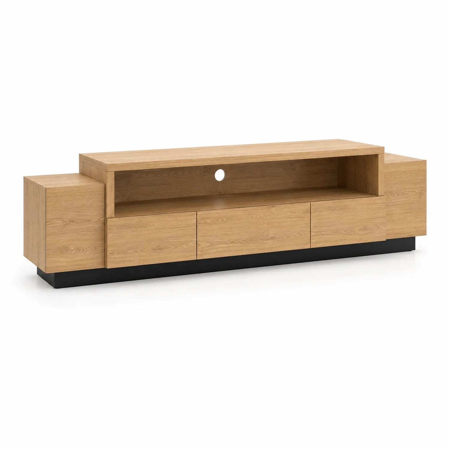 Szafka RTV 180 x 40 x 45 cm MDF dekor dąb naturalny czarny 3 szuflady otwarta półka