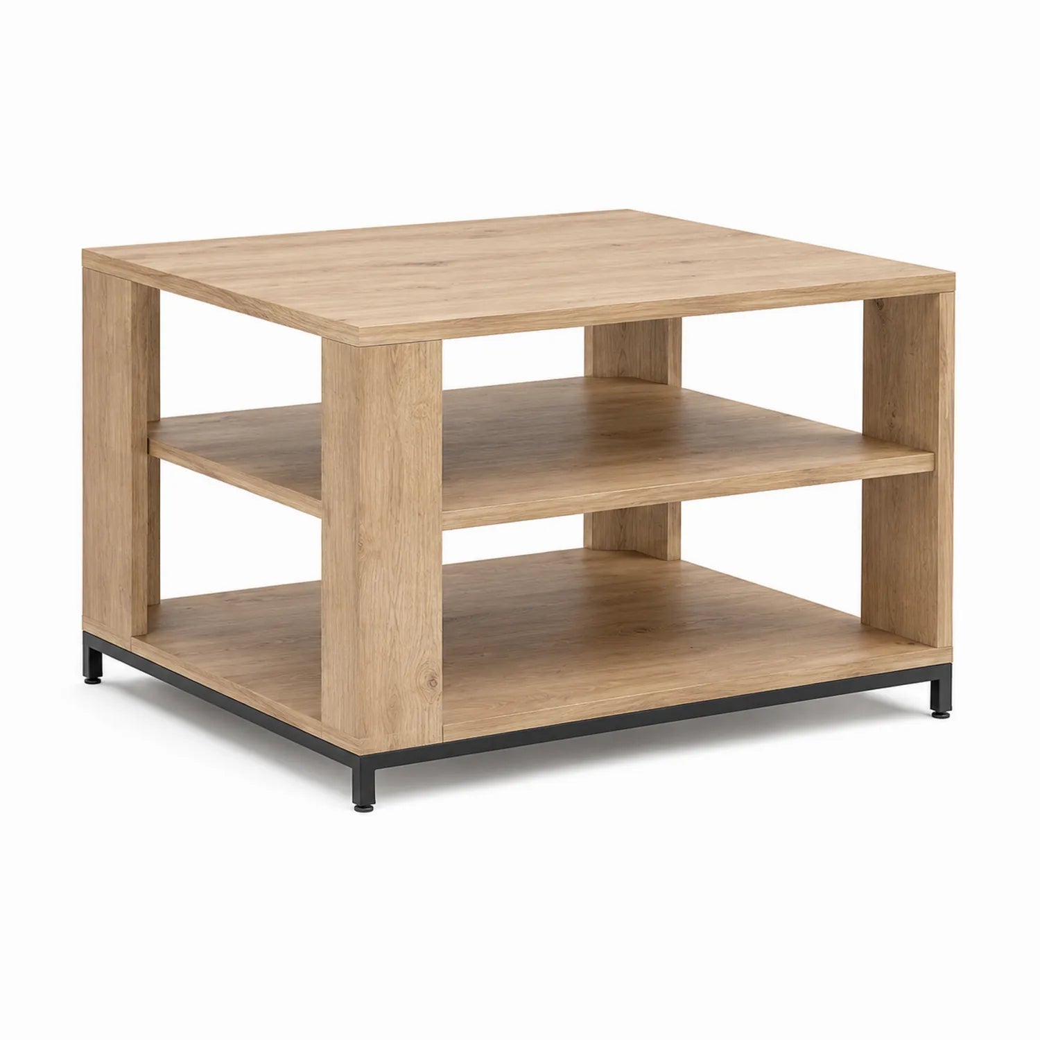 Stolik kawowy 70 x 70 x 45 cm MDF dekor dąb naturalny czarny metalowa rama 3 poziomy półek