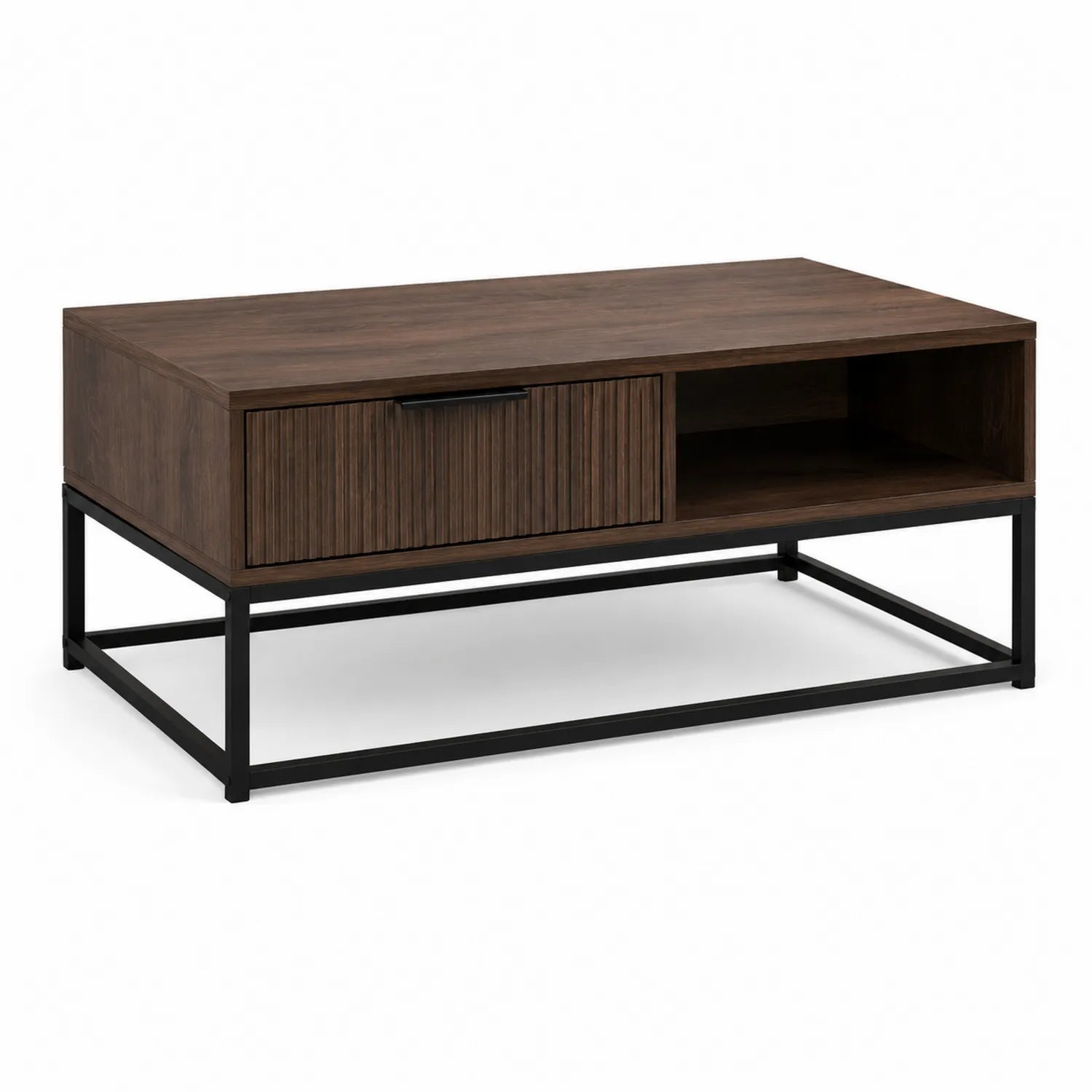 Stolik kawowy 110 cm x 60 cm x 45 cm MDF fornir drewno brązowy czarny metalowa rama szuflada otwarta półka