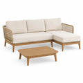 Zestaw ogrodowy narożny sofa 220 x 160 x 75 cm z drewnianą ramą beżowymi poduszkami i stolikiem kawowym