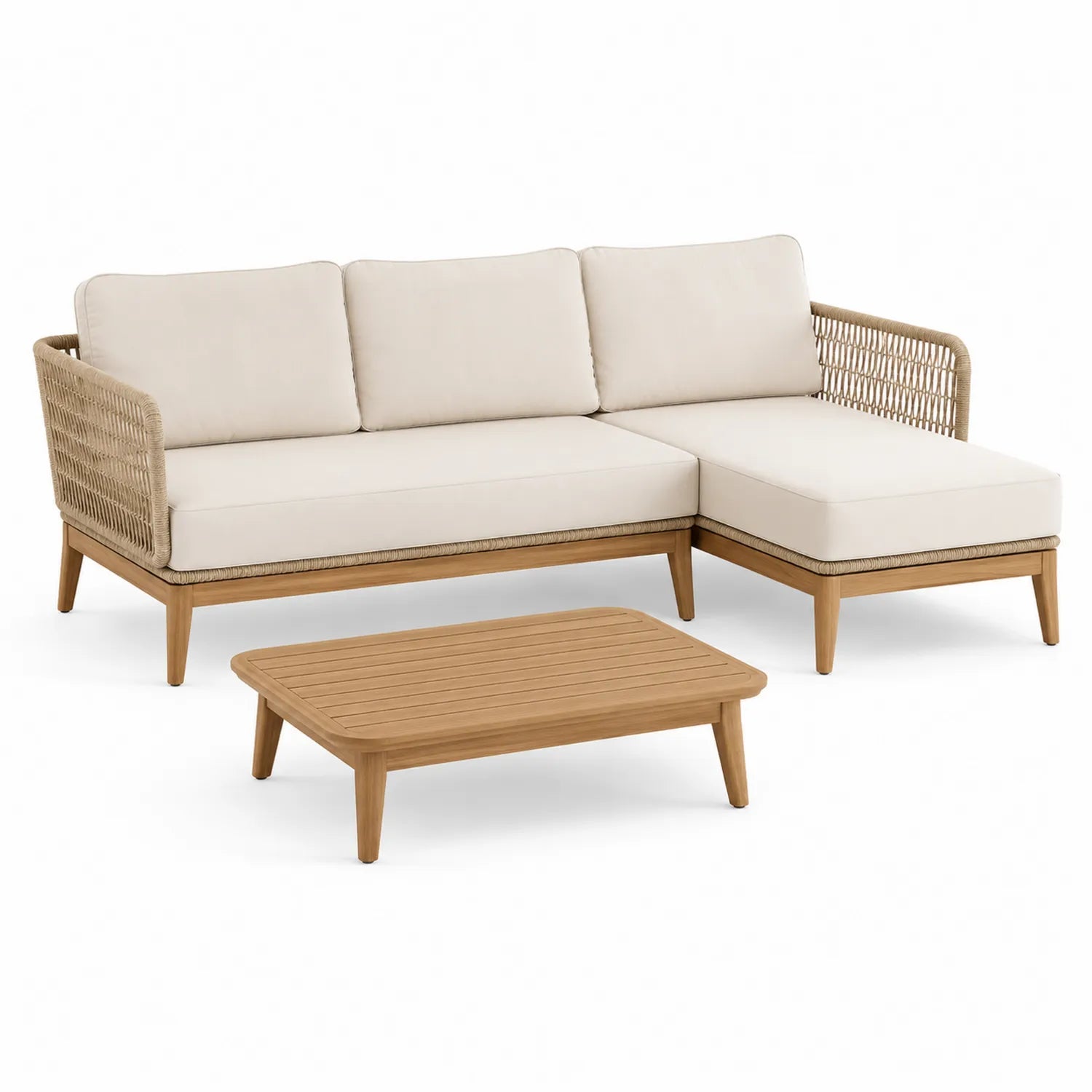 Zestaw ogrodowy narożny sofa 220 x 160 x 75 cm z drewnianą ramą beżowymi poduszkami i stolikiem kawowym