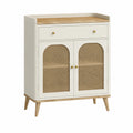 Kredens do jadalni 120 cm x 40 cm x 85 cm MDF rattan PE beżowy jasne drewno złote uchwyty
