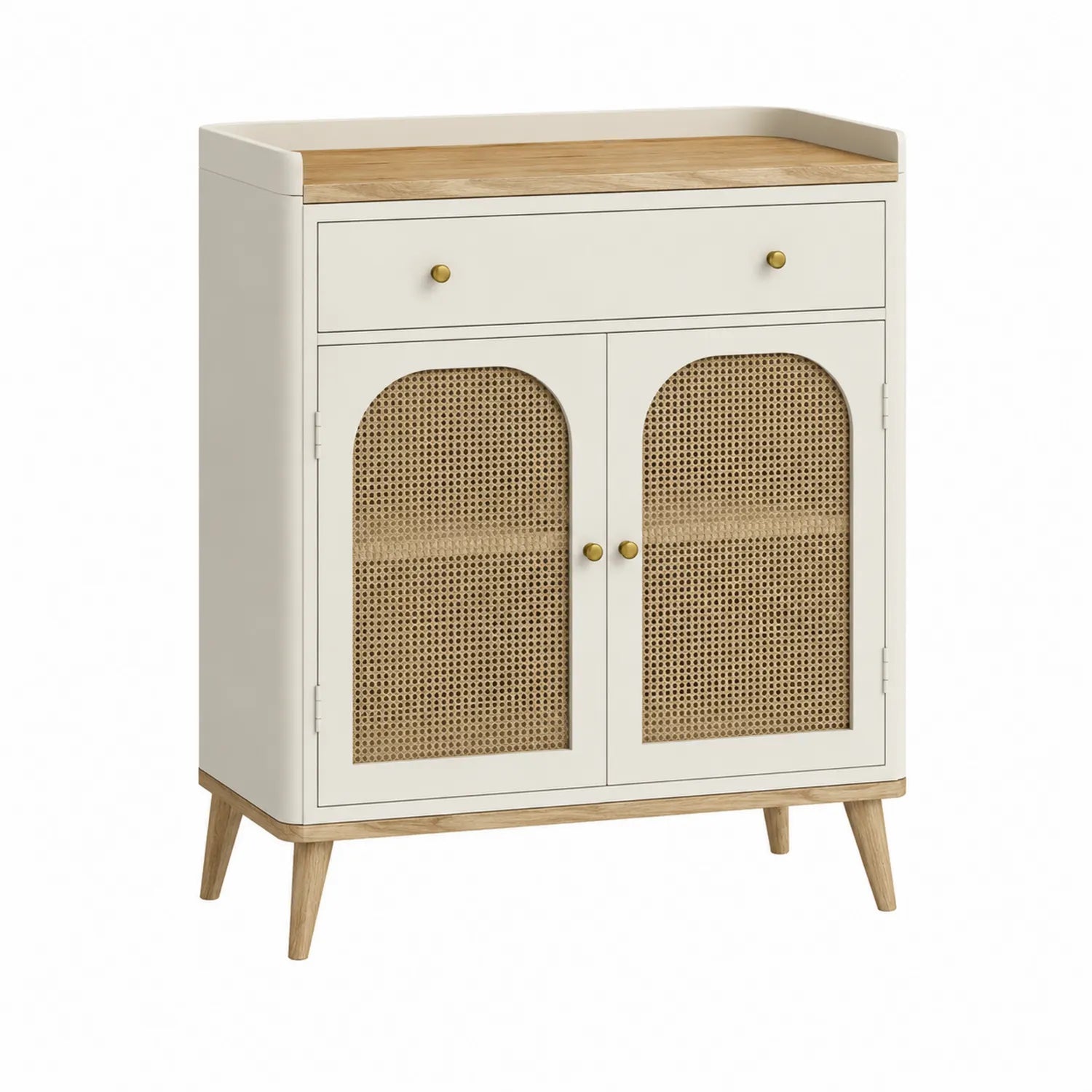 Kredens do jadalni 120 cm x 40 cm x 85 cm MDF rattan PE beżowy jasne drewno złote uchwyty