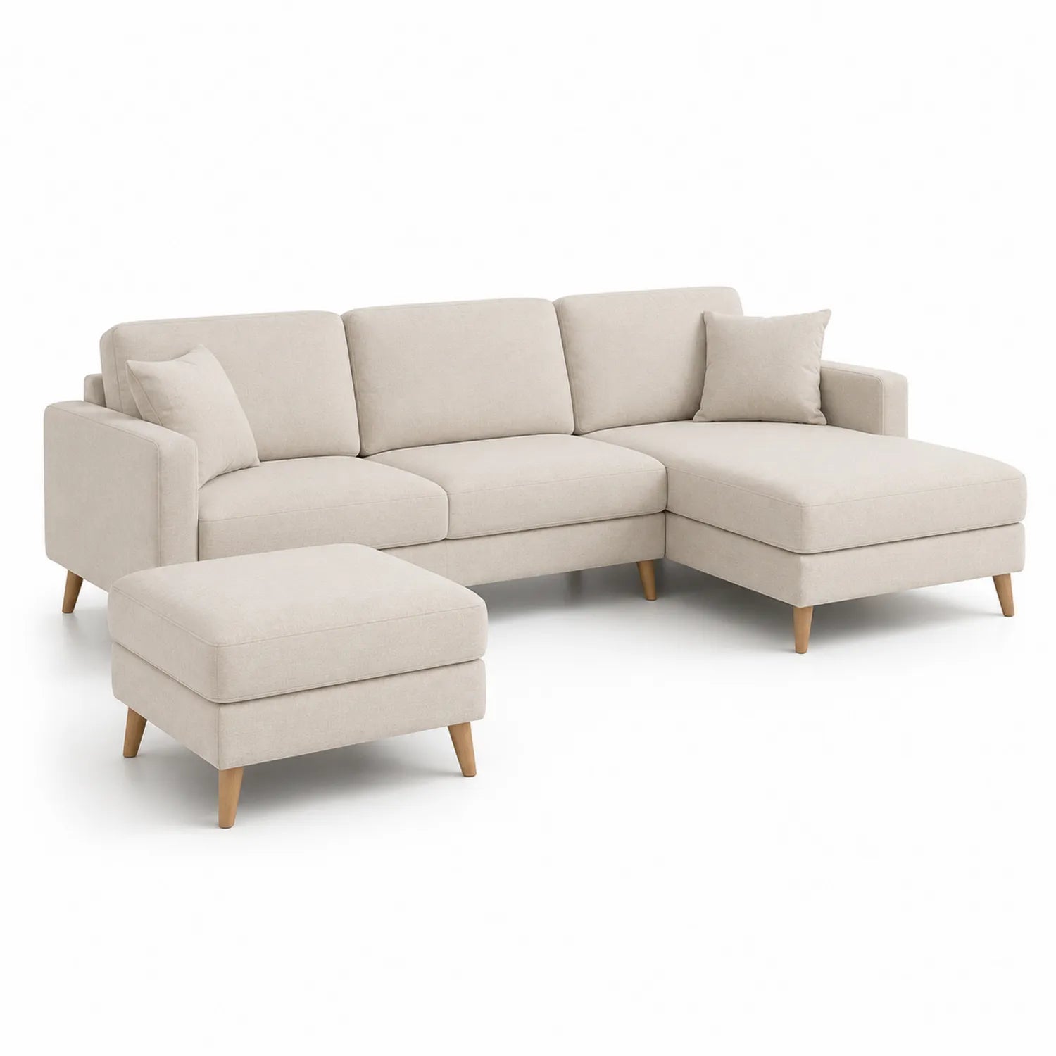 Sofa narożna modułowa 270 x 165 x 85 cm tkanina poliestrowa beżowa z szezlongiem i pufą drewniane nogi