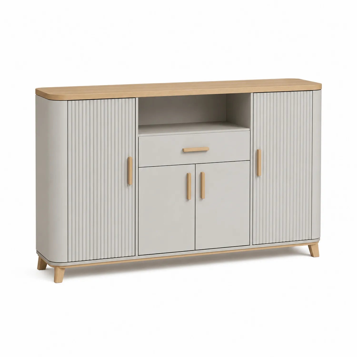 Kredens do jadalni 150 cm x 40 cm x 80 cm MDF laminowany ryflowane fronty dąb naturalny biały beżowy