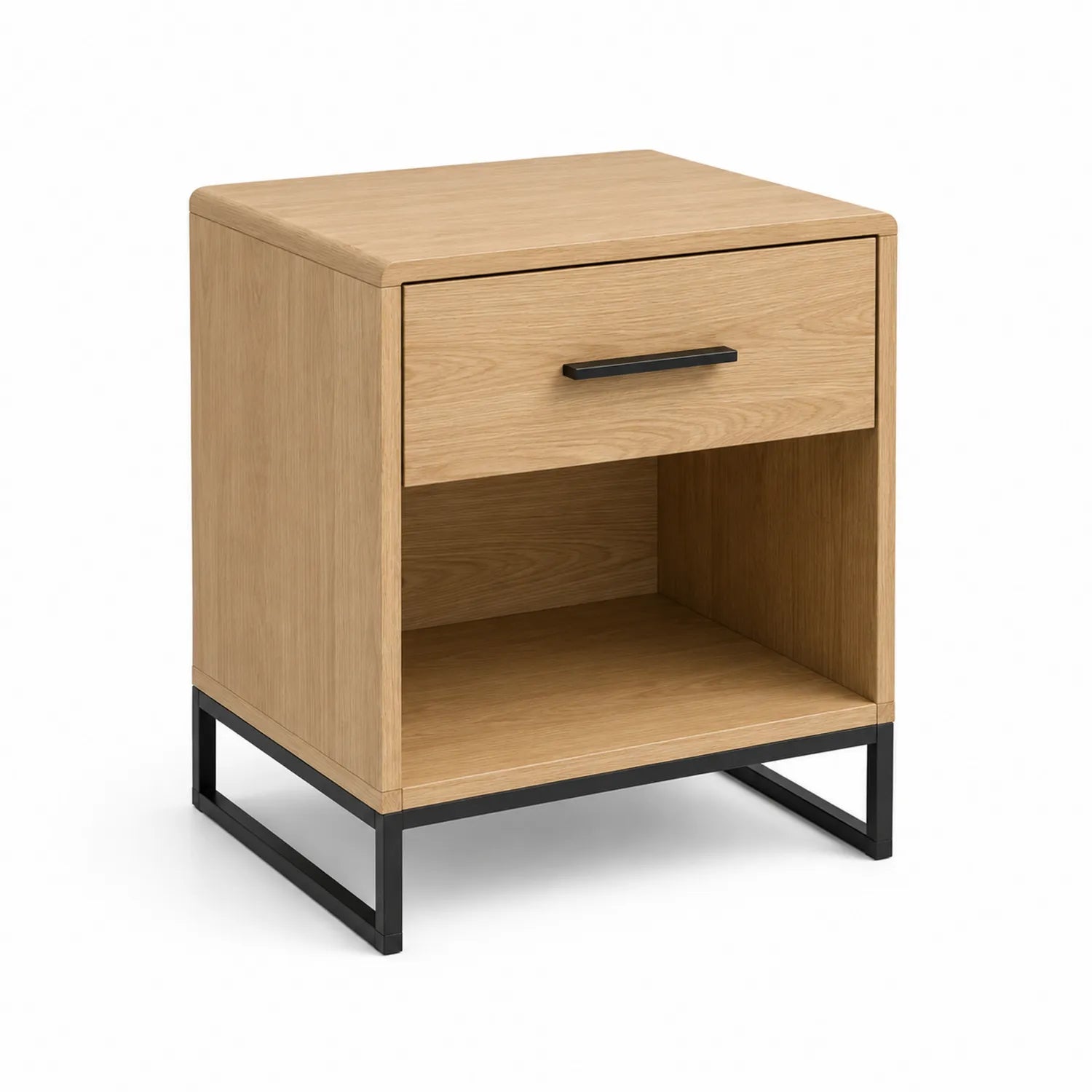 Szafka nocna prostokątna 50 cm x 40 cm x 55 cm MDF z fornirem dębowym stalowa rama szuflada otwarta półka naturalny dąb czarny