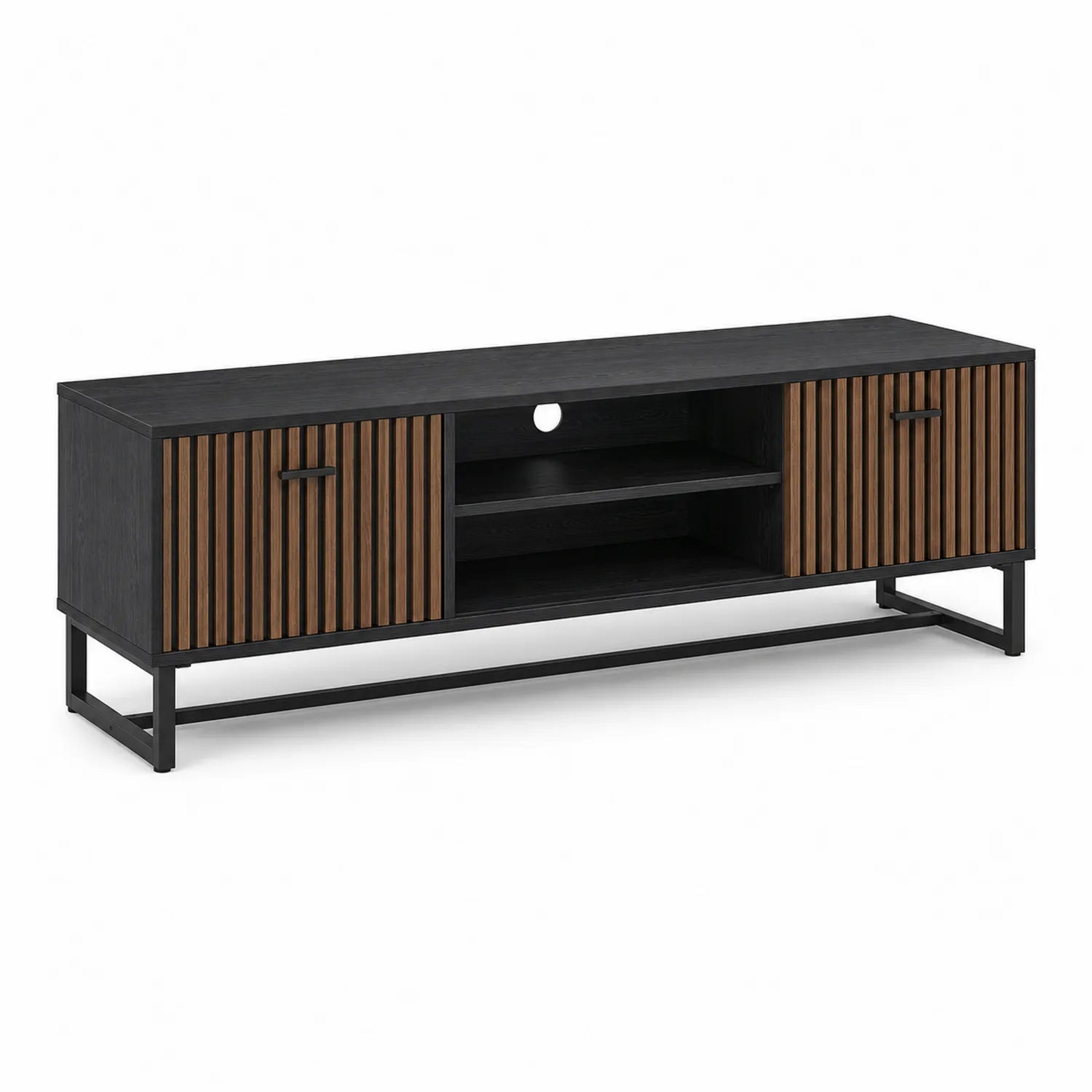 Szafka RTV 160 cm x 40 cm x 50 cm MDF laminowany czarny dąb naturalny metalowa rama ryflowane fronty