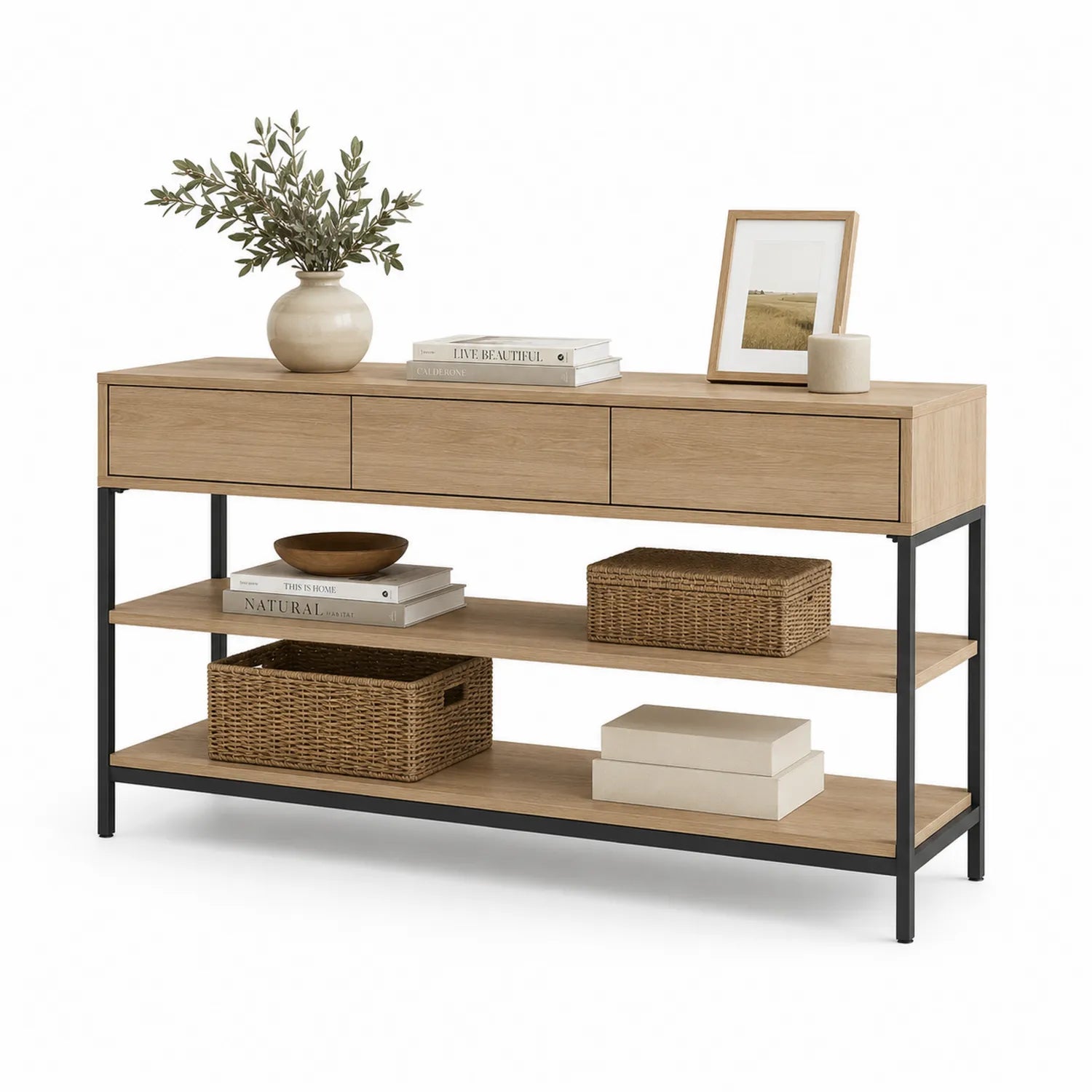 Konsola do salonu 120 x 40 x 80 cm MDF dekor dębu z trzema szufladami i półkami rama stalowa czarna