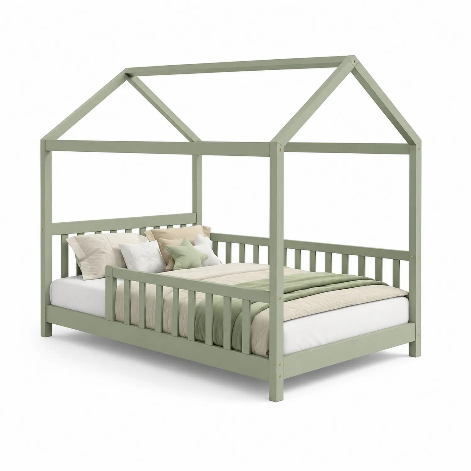 Łóżko dziecięce domek 200x90 cm drewniane sosnowe zielone naturalne drewno stelaż listwowy