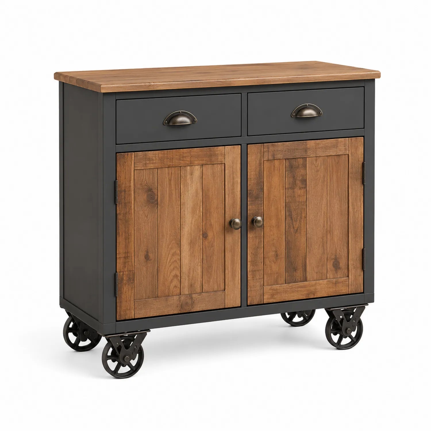 Kredens do jadalni na kółkach 100 cm x 40 cm x 85 cm MDF drewno metal ciemnoszary naturalne drewno czarny