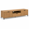 Szafka RTV 180 x 40 x 45 cm MDF dekor dąb naturalny czarny metalowe nogi ryflowane fronty otwarta półka