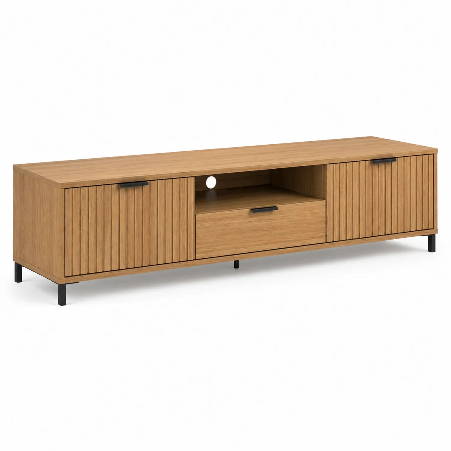 Szafka RTV 180 x 40 x 45 cm MDF dekor dąb naturalny czarny metalowe nogi ryflowane fronty otwarta półka