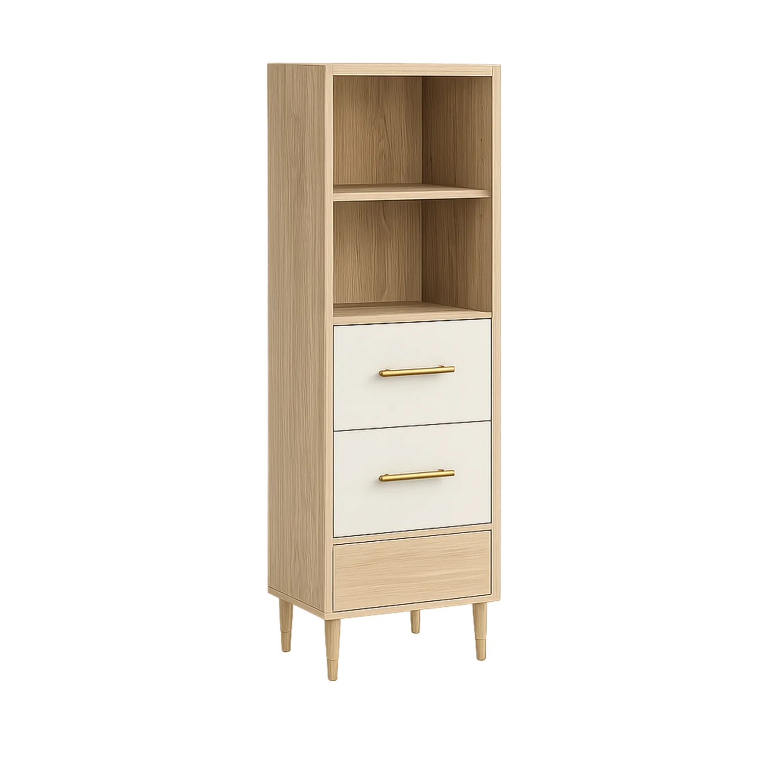 Kredens 40 cm x 35 cm x 120 cm MDF jasne drewno biały złote uchwyty 3 szuflady 2 półki