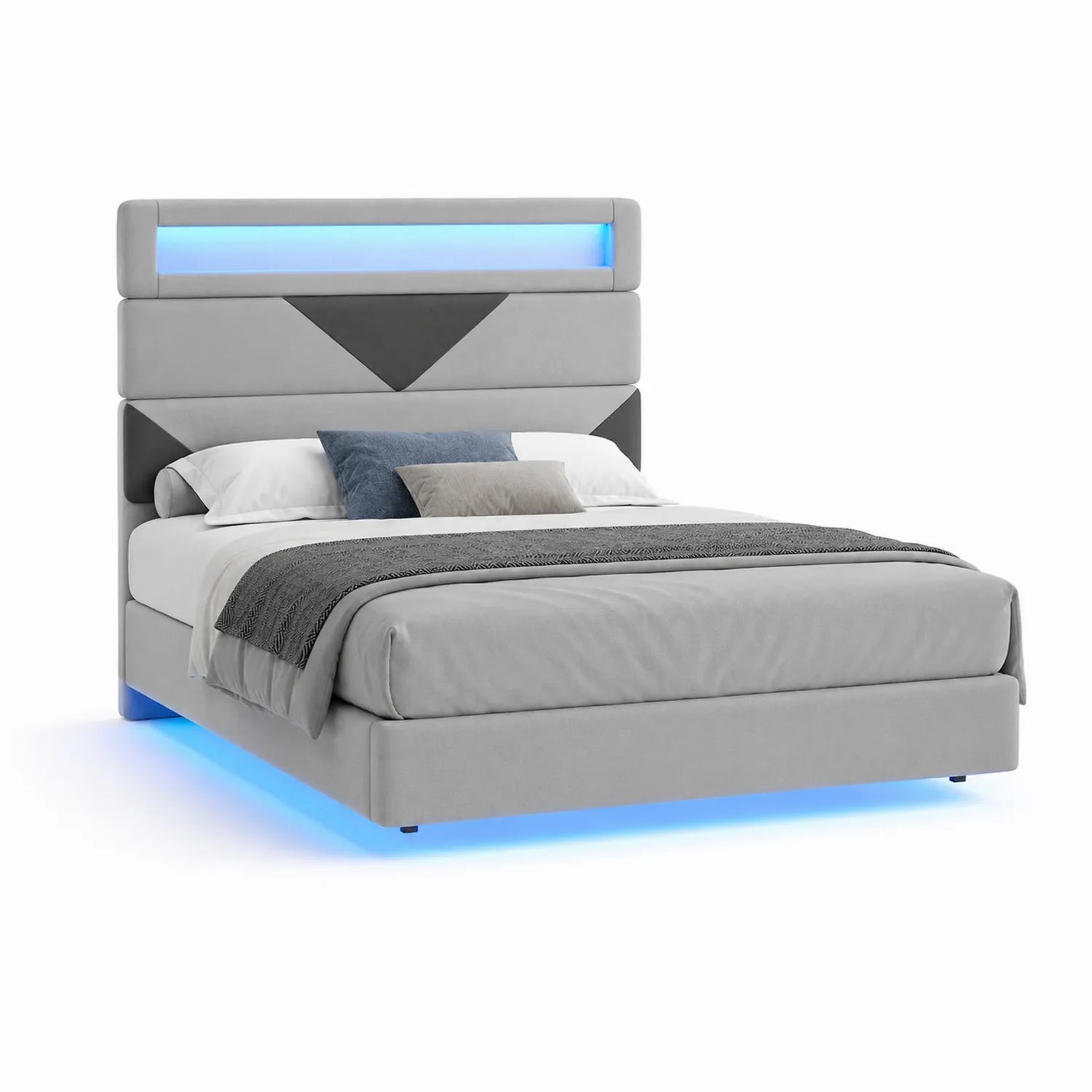 Łóżko tapicerowane LED 160x200 cm szare rama MDF i sklejka z oświetleniem LED nowoczesne łóżko podwójne
