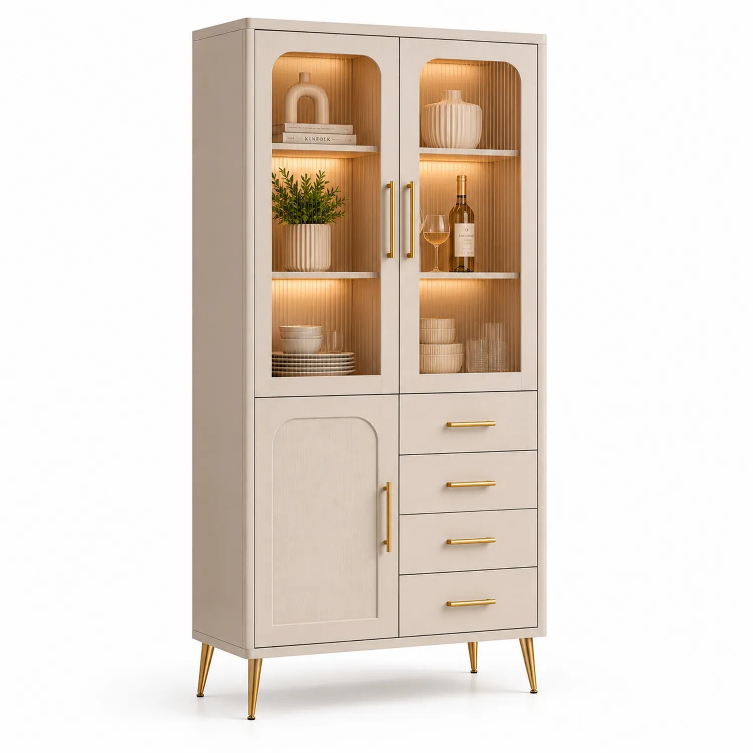 Kredens do jadalni 100 cm x 40 cm x 180 cm MDF laminowany szkło hartowane LED beżowy dąb złote uchwyty