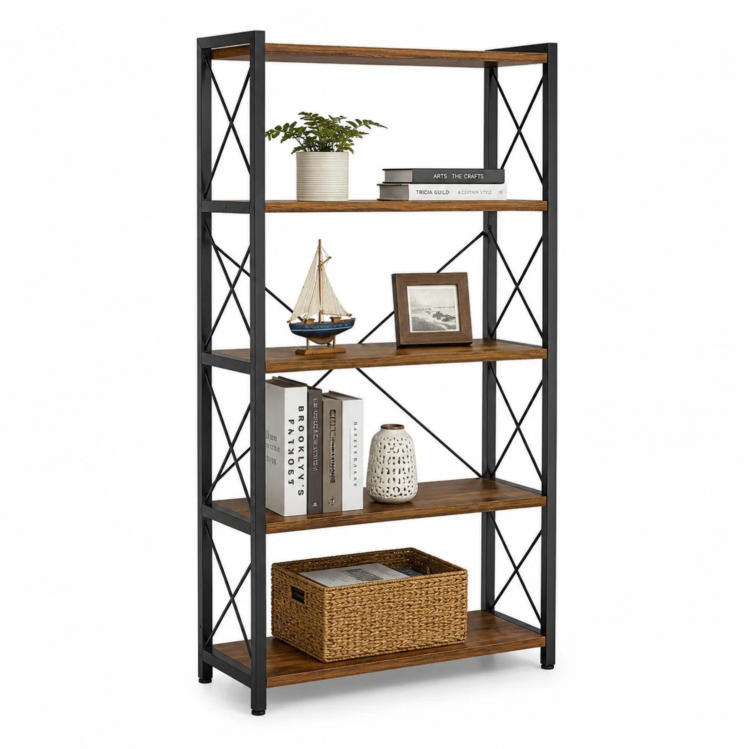Regał stojący prostokątny 170 x 80 x 30 cm z czarną stalową ramą i 5 półkami MDF brązowy