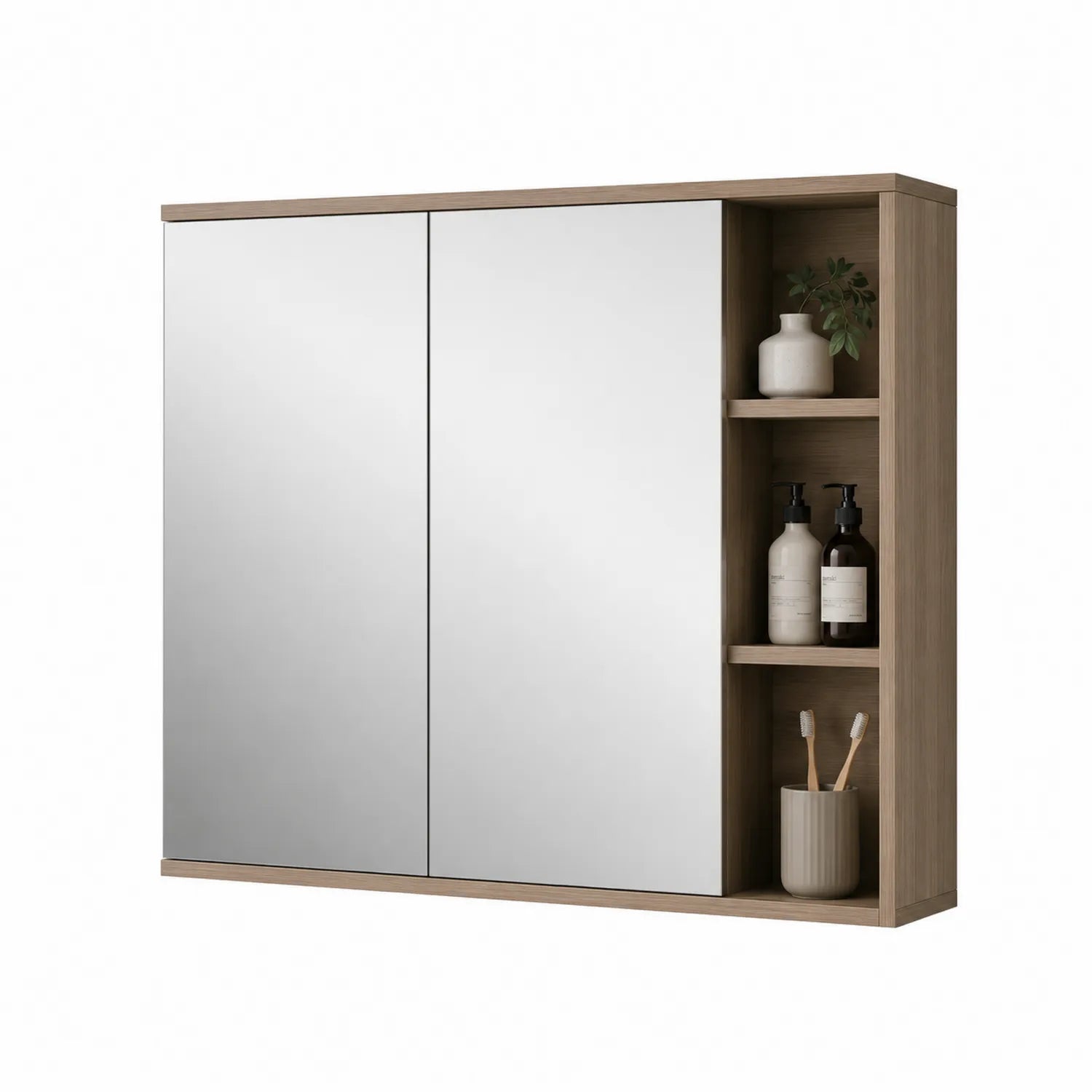 Szafka łazienkowa z lustrem 120 x 70 x 15 cm MDF dąb naturalny srebrny lustrzany 2 drzwi ścienne z półkami bocznymi