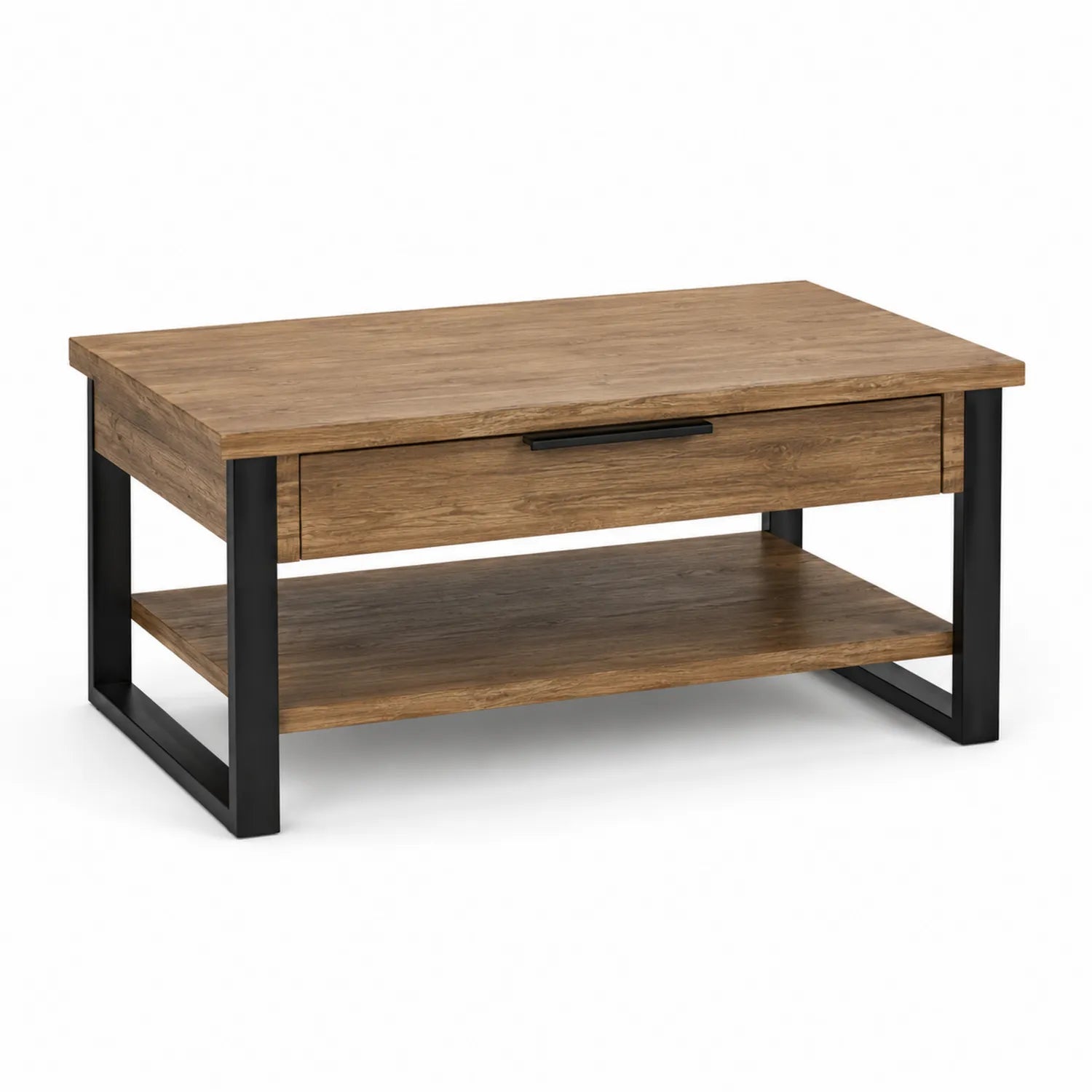 Stolik kawowy 100 x 55 x 45 cm MDF dekor dębu rama stalowa czarny 1 szuflada i półka