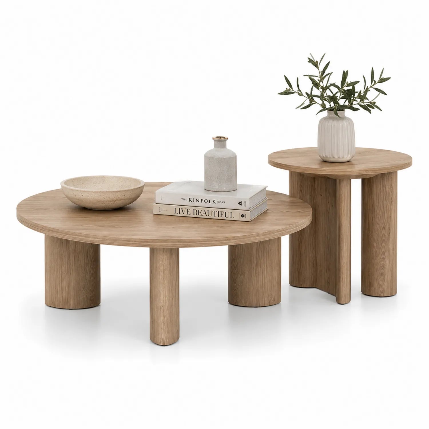 Zestaw stolików kawowych 2 szt. okrągłe 80 cm i 60 cm MDF fornir dąb naturalny drewniane nogi