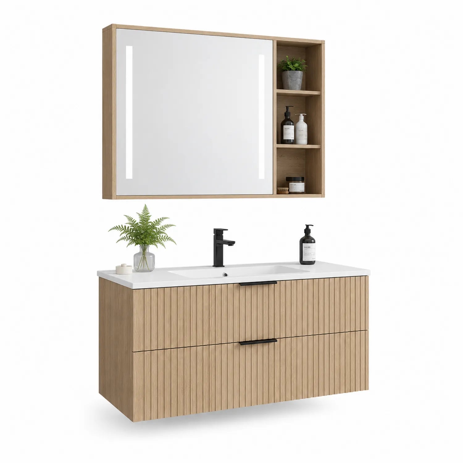 Szafka pod umywalkę 80 cm MDF dąb naturalny biały z lustrem LED i szafką wiszącą zestaw łazienkowy