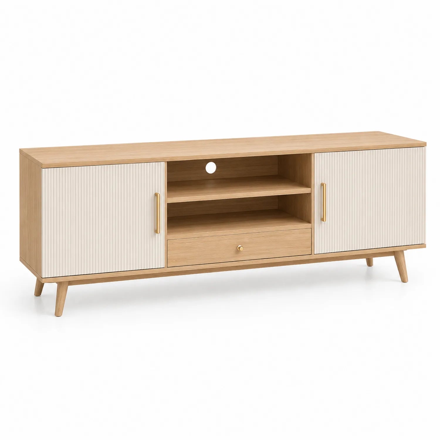 Szafka RTV 160 cm x 40 cm x 50 cm MDF i płyta wiórowa laminowana dąb naturalny biały złoty ryflowane fronty