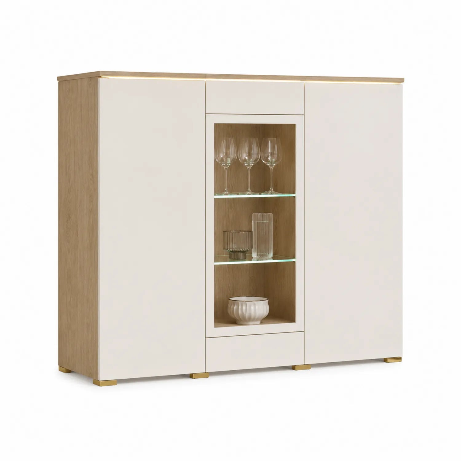 Kredens 140 cm x 40 cm x 180 cm MDF biały i dąb naturalny z przeszkleniem LED złote detale
