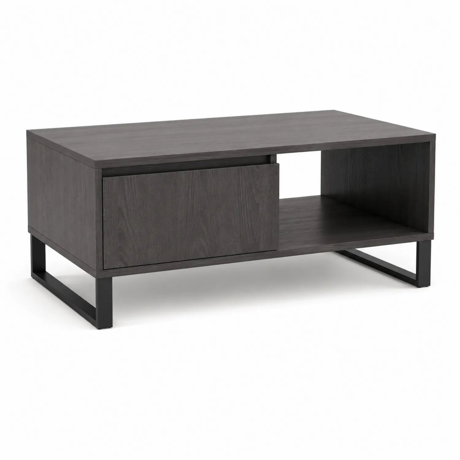 Stolik kawowy 110 cm x 60 cm x 45 cm MDF ciemnoszary czarny stalowa rama z szufladą i otwartą półką
