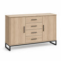 Kredens do jadalni 140 cm x 40 cm x 85 cm płyta MDF dąb jasny metal czarny 2 drzwi 4 szuflady