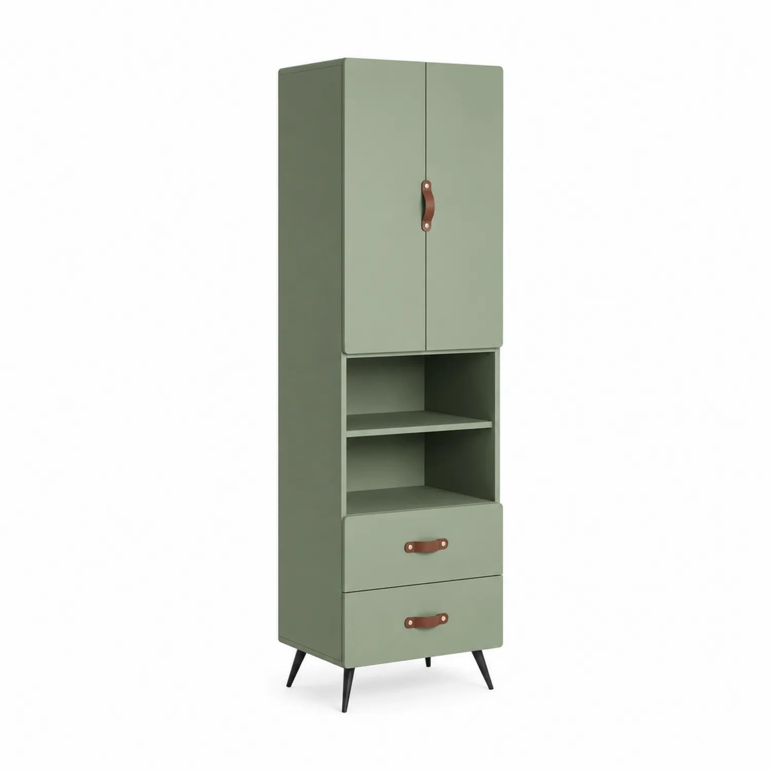 Kredens 50 cm x 40 cm x 180 cm MDF laminowany zielony szałwiowy drewno metalowe nogi czarne uchwyty skórzane