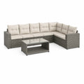 Zestaw mebli ogrodowych sofa narożna 220 cm 150 cm 75 cm technorattan aluminiowa rama stolik kawowy szklany szary beż