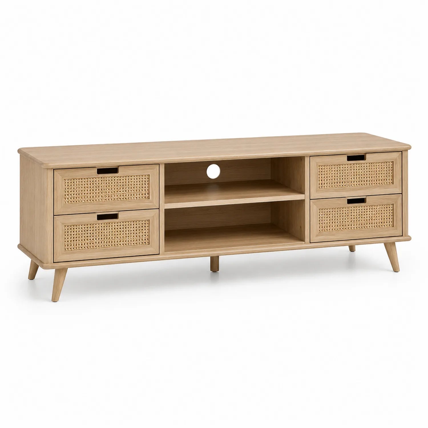 Szafka RTV prostokątna 180 x 40 x 50 cm z płyty MDF w kolorze dębu naturalnego z frontami rattanowymi