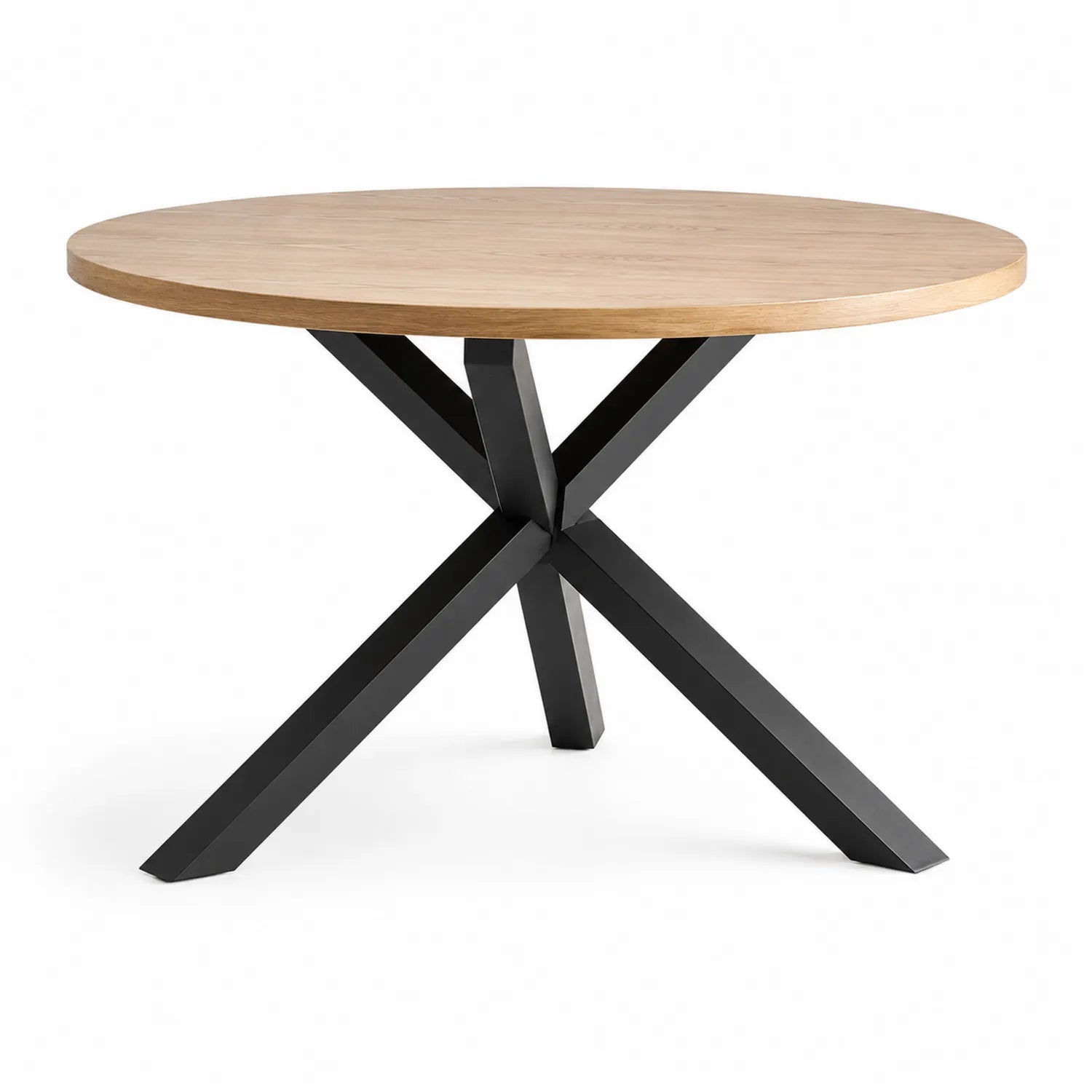 Stół jadalniany okrągły 120 cm x 75 cm MDF fornir dąb naturalny czarny metalowa podstawa krzyżowa