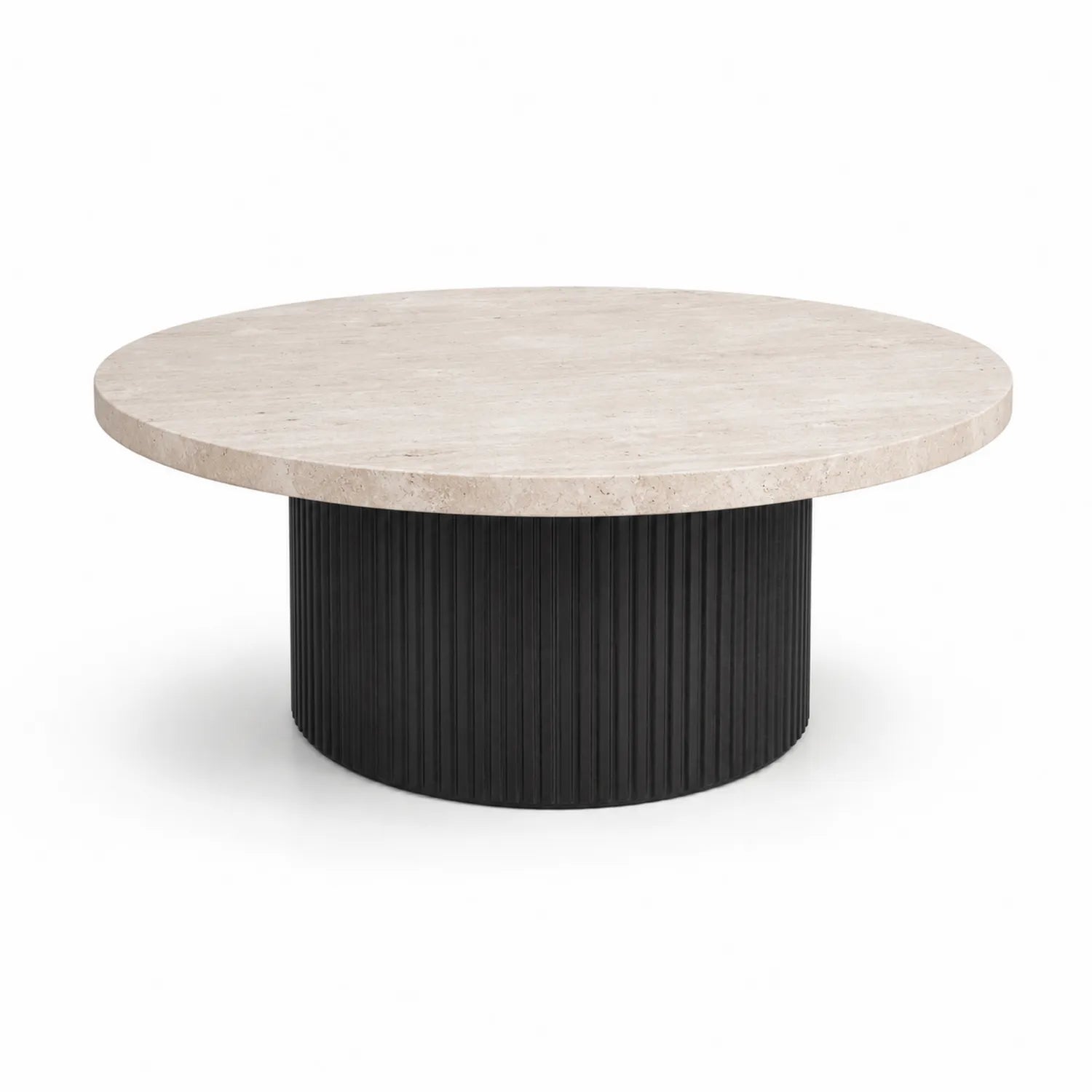 Stolik kawowy okrągły 85 cm x 42 cm blat z trawertynu czarny ryflowana cylindryczna podstawa MDF