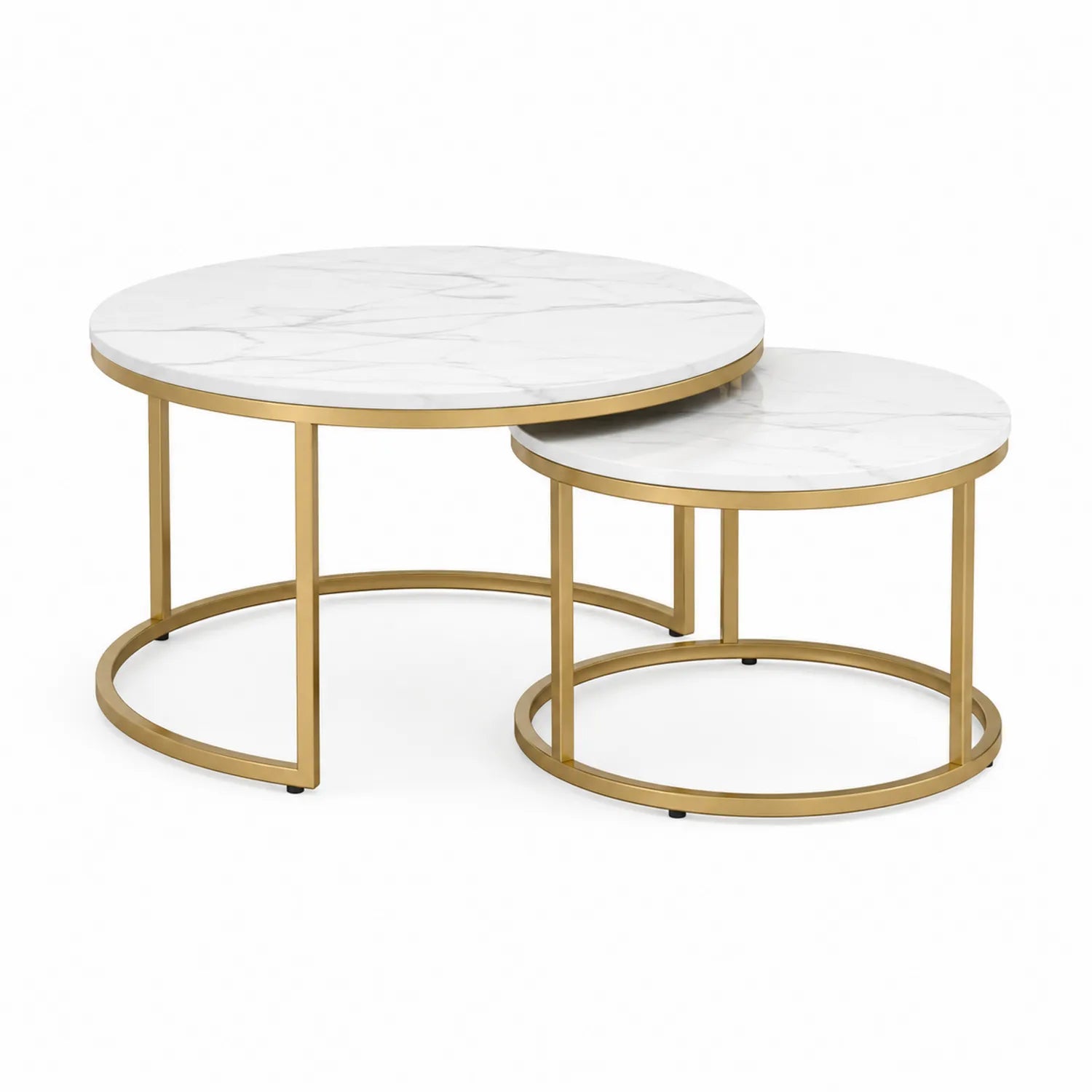 Zestaw stolików kawowych okrągłych 2 szt 80 x 60 cm blat marmurowy MDF HPL biały złota stalowa rama