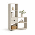 Regał ekspozycyjny 170 cm x 90 cm x 35 cm MDF beżowy naturalne drewno szuflady otwarte półki asymetryczny