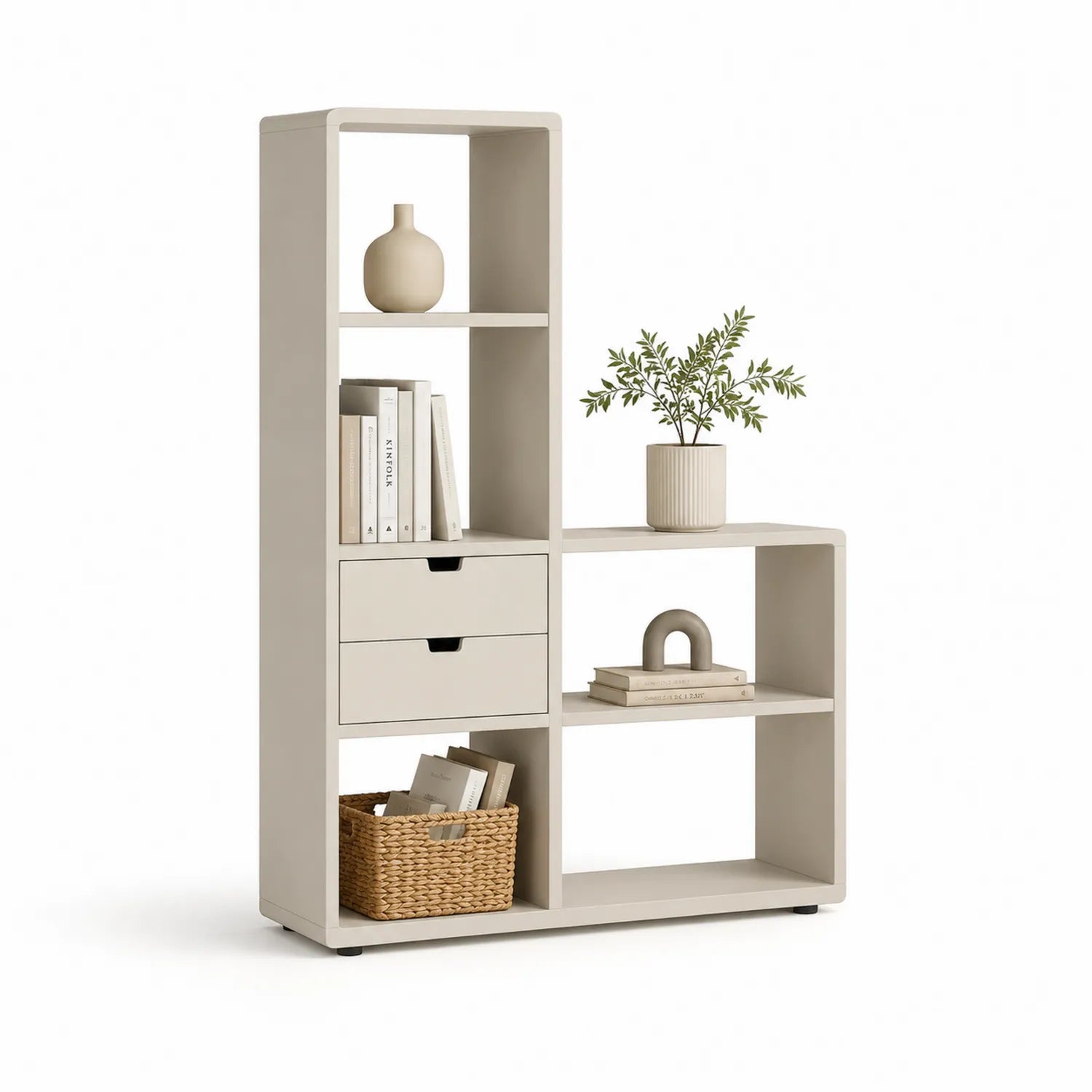 Regał ekspozycyjny 170 cm x 90 cm x 35 cm MDF beżowy naturalne drewno szuflady otwarte półki asymetryczny