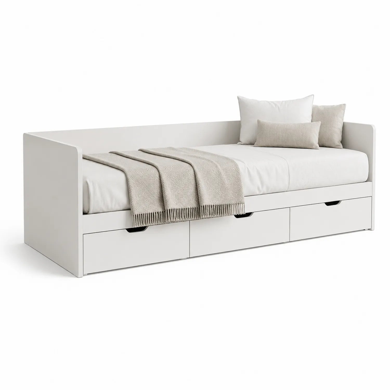 Łóżko ramowe z szufladami 90x200 cm MDF białe niskie z 3 szufladami i listwami drewnianymi