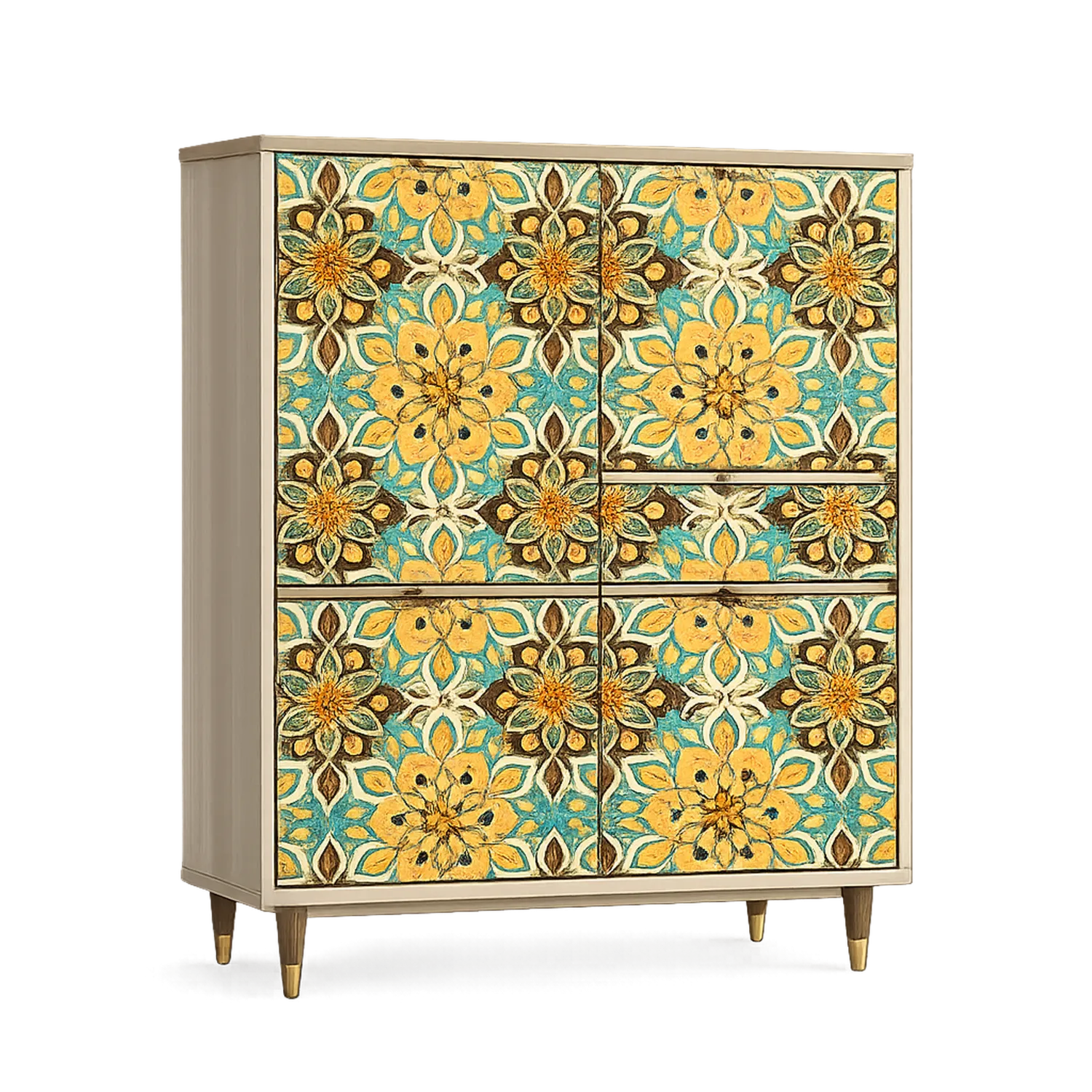 Kredens do jadalni 120 cm x 40 cm x 120 cm MDF dekor kwiatowy wielokolorowy 4 drzwi nogi drewno naturalne