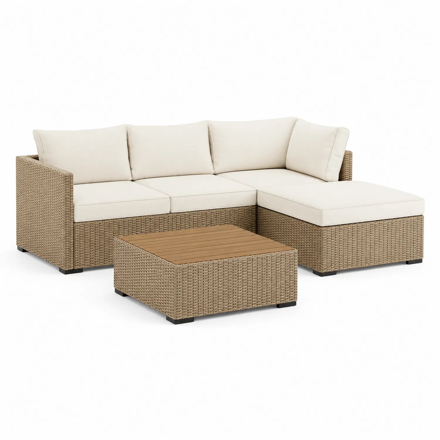 Sofa ogrodowa narożna z technorattanu PE 200 cm x 80 cm beżowa z leżanką i ławą kawową