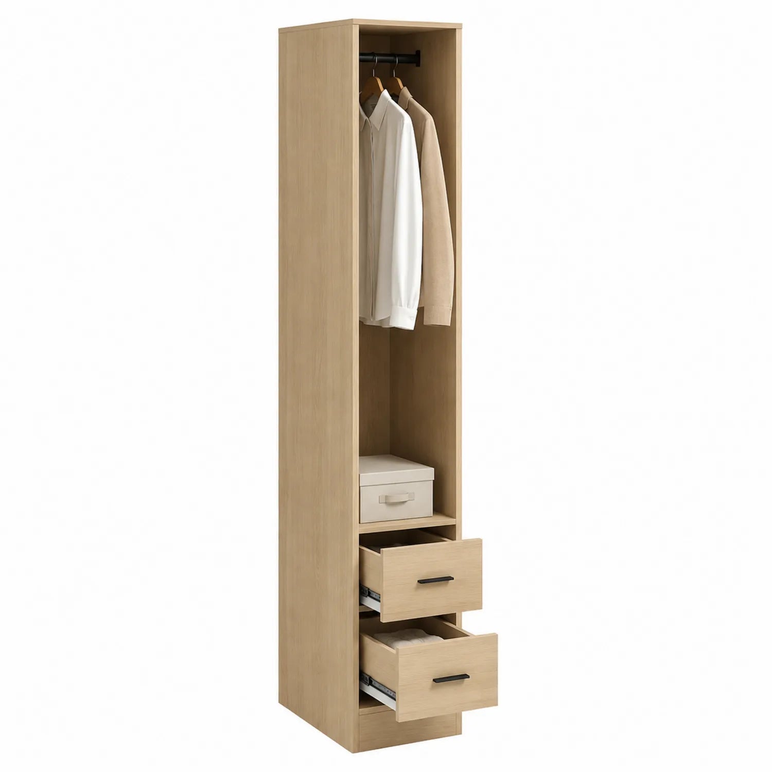 Szafa otwarta 50 x 40 x 200 cm MDF laminowany jasny dąb z drążkiem na ubrania i dwiema szufladami czarne elementy
