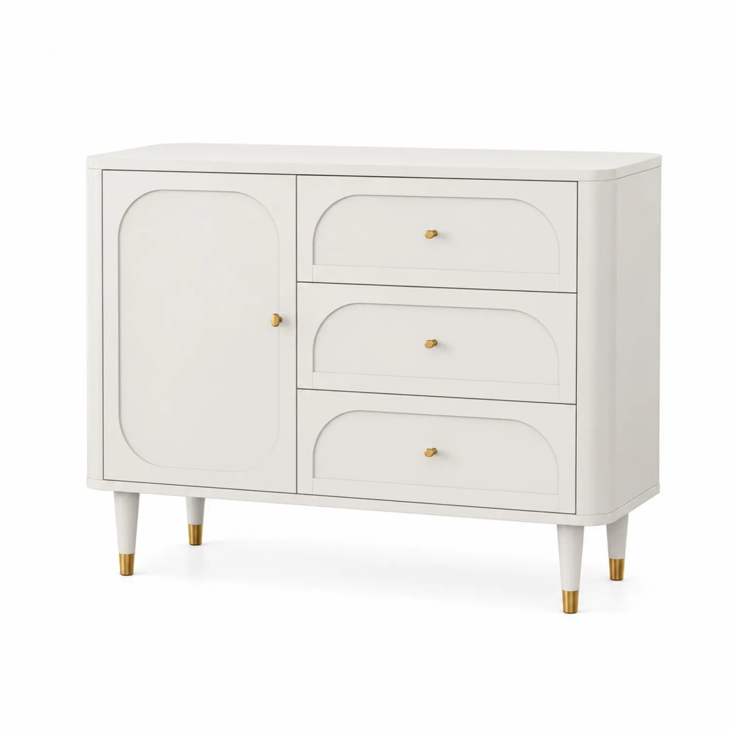 Kredens 120 cm x 40 cm x 85 cm MDF biały złote uchwyty 1 drzwi 3 szuflady