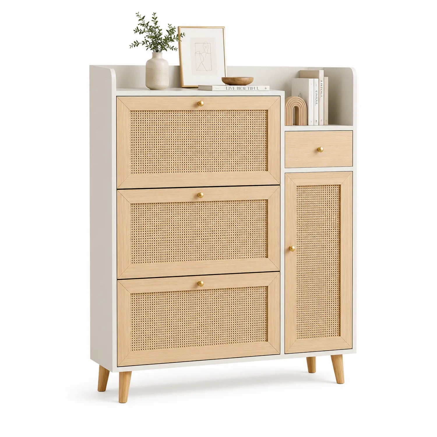 Szafka na buty 100 x 35 x 120 cm MDF biały dąb naturalny rattan beżowy drewniane nogi szuflada drzwi